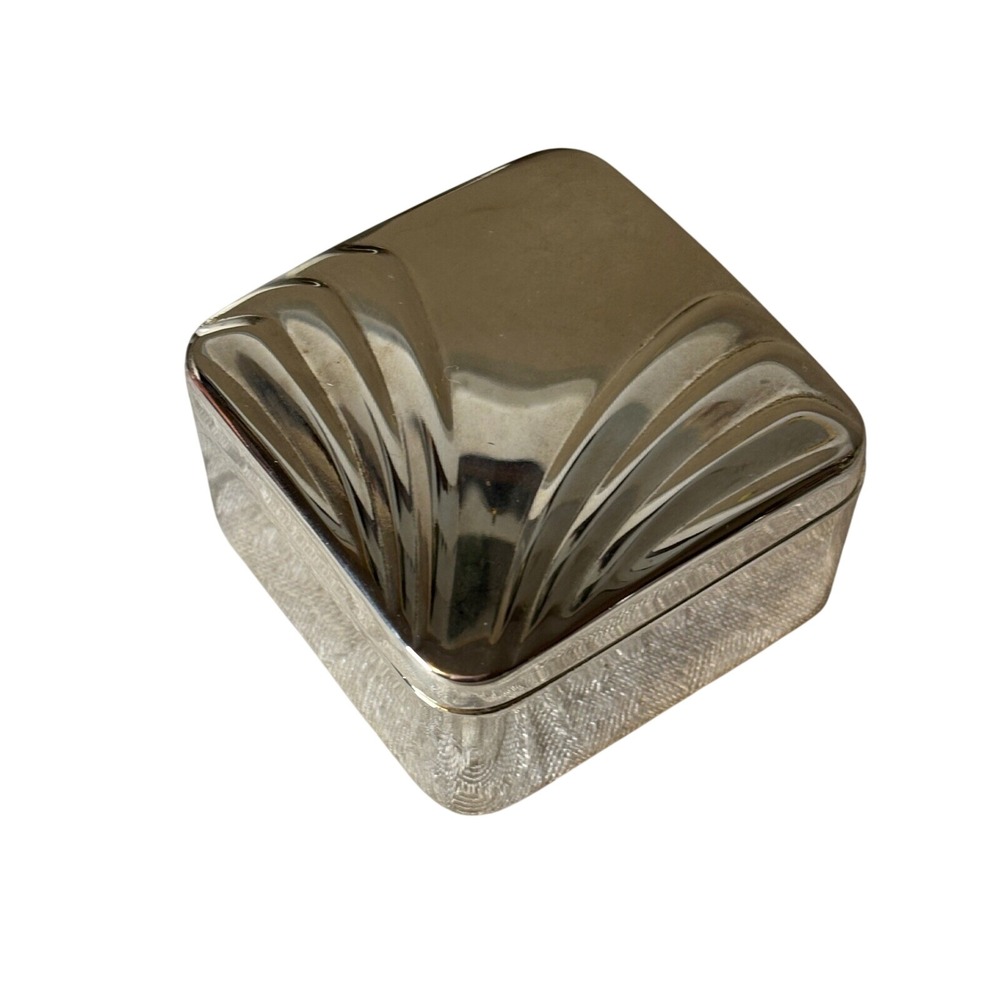 Silver Tone Square Trinket Box Red Lining Art Deco Shell Sunburst Lid vtg